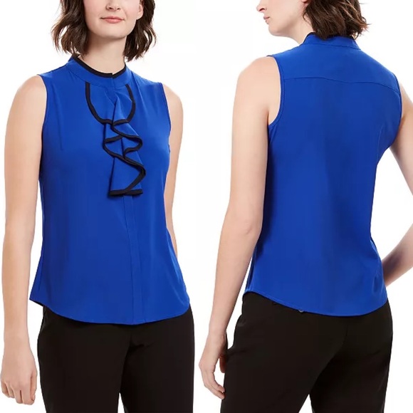 *Calvin Klein Sleeveless Piped Ruffle Front Top - Cobalt Blue* - Picture 1 of 9
